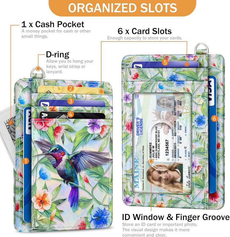 Yonlevres Credit Card Holder Slim Wallet, Hummingbird RFID Wallet Women Front Pocket Small Card Holder, Travel Funny Cute Thin Card Case ID Window PU Leather RFID Blocking Card Organizer Gifts Girls - Image 4